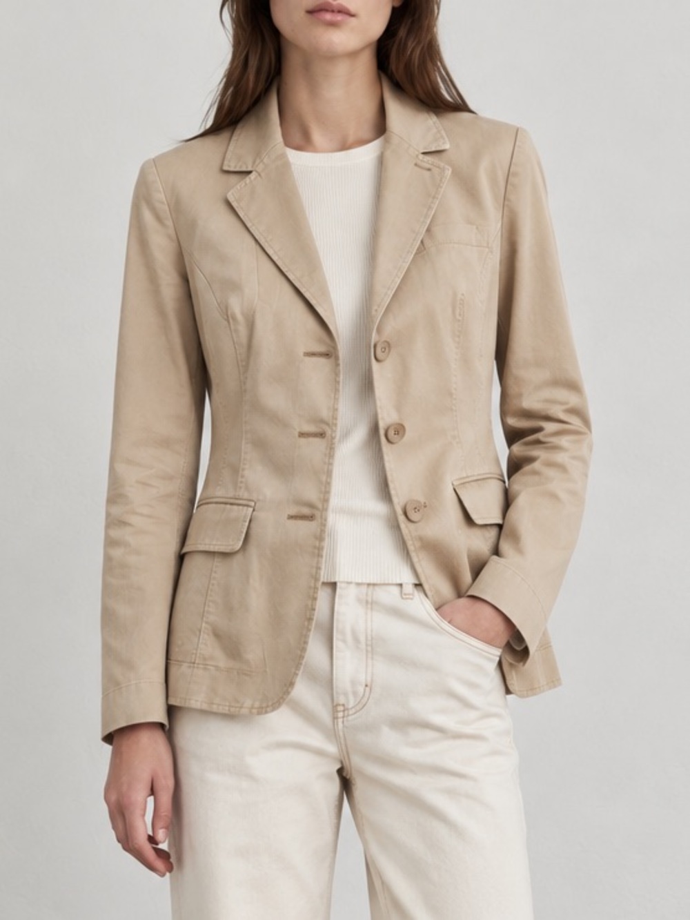 Lafayette 148 New York Blazer Size 6 Tan Beige Stretch Cotton 3 Button Jacket
